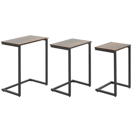 Set Van 3 Bijzettafels Ruimtebesparend C-Vormig Industrieel Design Stalen Frame Voor Woonkamer Rustiek Bruin