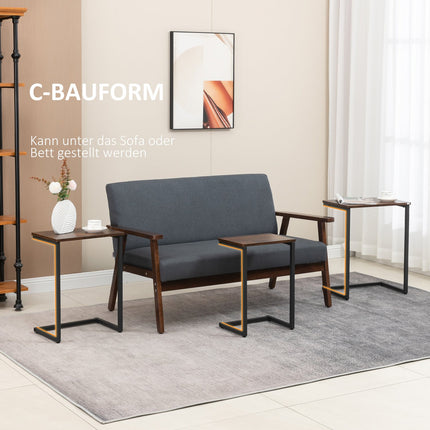 Set Van 3 Bijzettafels Ruimtebesparend C-Vormig Industrieel Design Stalen Frame Voor Woonkamer Rustiek Bruin