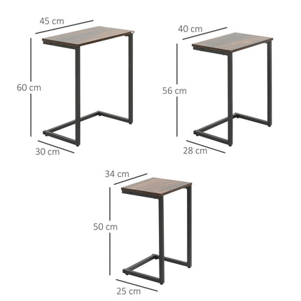 Set Van 3 Bijzettafels Ruimtebesparend C-Vormig Industrieel Design Stalen Frame Voor Woonkamer Rustiek Bruin