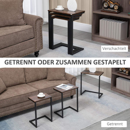 Set Van 3 Bijzettafels Ruimtebesparend C-Vormig Industrieel Design Stalen Frame Voor Woonkamer Rustiek Bruin