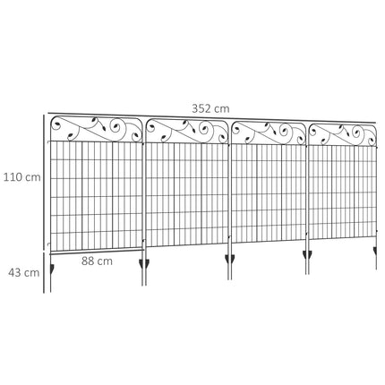 Dekorativer Gartenzaun aus schwarzem Metall, 3,52 x 1,1 m, 4er-Pack