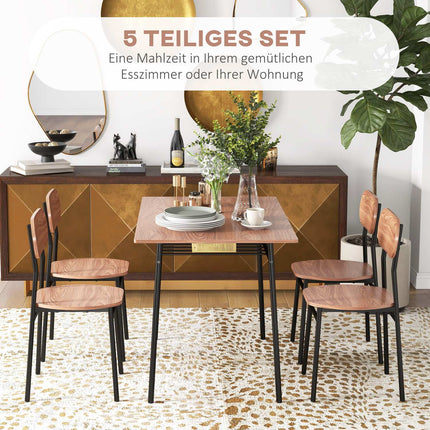 Esstischgruppe mit 4 Stühlen, Teak und Stahl, modernes Design