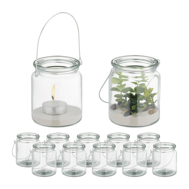 12er Set Glas-Kerzenlaternen mit Griffen