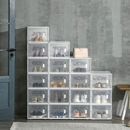 Lot de 18 boîtes à chaussures, organiseur à chaussures avec portes magnétiques, boîte à chaussures avec couvercle, rangement à chaussures en plastique, pour chaussures jusqu'à la pointure 45, transparent + blanc Aosom