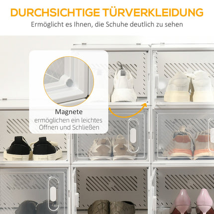 Lot de 18 boîtes à chaussures, organiseur à chaussures avec portes magnétiques, boîte à chaussures avec couvercle, rangement à chaussures en plastique, pour chaussures jusqu'à la pointure 45, transparent + blanc Aosom
