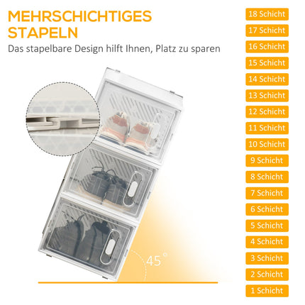 Lot de 18 boîtes à chaussures, organiseur à chaussures avec portes magnétiques, boîte à chaussures avec couvercle, rangement à chaussures en plastique, pour chaussures jusqu'à la pointure 45, transparent + blanc Aosom