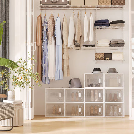 Lot de 18 boîtes à chaussures, organiseur à chaussures avec portes magnétiques, boîte à chaussures avec couvercle, rangement à chaussures en plastique, pour chaussures jusqu'à la pointure 45, transparent + blanc Aosom