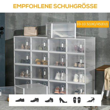Lot de 18 boîtes à chaussures, organiseur à chaussures avec portes magnétiques, boîte à chaussures avec couvercle, rangement à chaussures en plastique, pour chaussures jusqu'à la pointure 45, transparent + blanc Aosom
