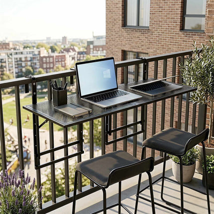 Set of 2 Adjustable 48" Balcony Railing Tables, Black Metal