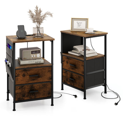 Set of 2 Bedside Tables With Charging Station, 2 Drawers