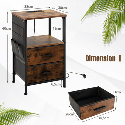 Set of 2 Bedside Tables With Charging Station, 2 Drawers