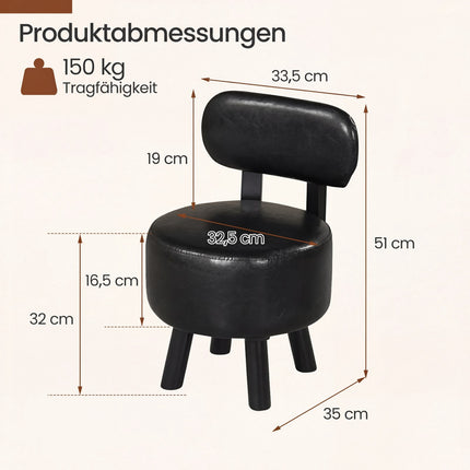 Set of 2 Black Faux Leather Stools with Backrest, 150kg Capacity