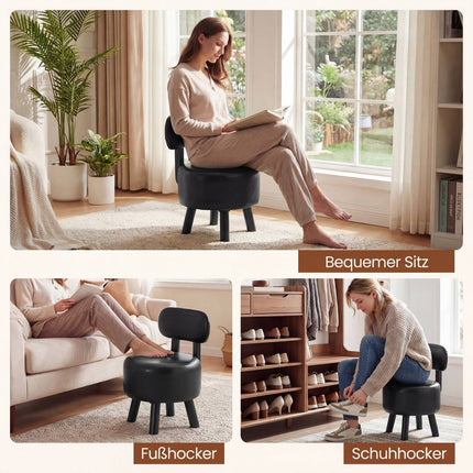 Set of 2 Black Faux Leather Stools with Backrest, 150kg Capacity
