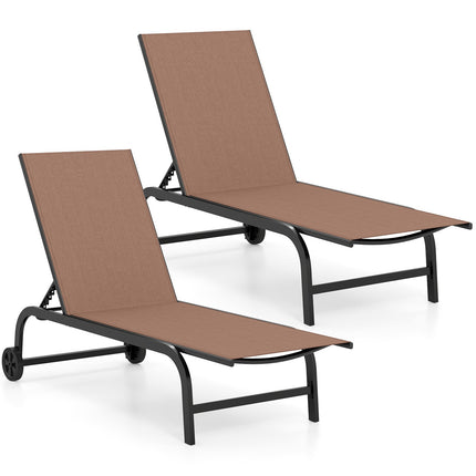 Set of 2 Brown Sun Loungers with Wheels & Adjustable Backrest