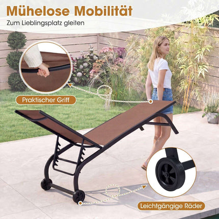 Set of 2 Brown Sun Loungers with Wheels & Adjustable Backrest