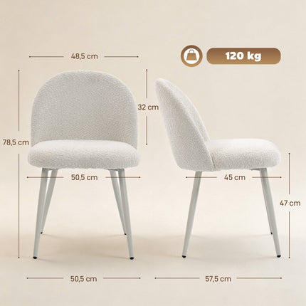 2er-Set cremefarbene Esszimmerstühle, Chenille-Bezug, 120 kg Tragkraft