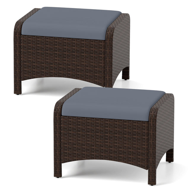 2er-Set Rattan-Gartenpoufs in Grau mit Kissen