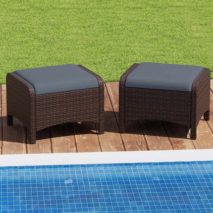 2er-Set Rattan-Gartenpoufs in Grau mit Kissen