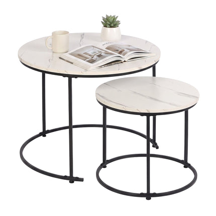 Set of 2 Marble-Effect Metal Side Tables – White/Black