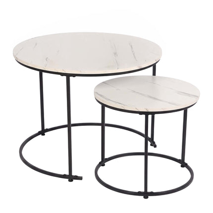 Set of 2 Marble-Effect Metal Side Tables – White/Black