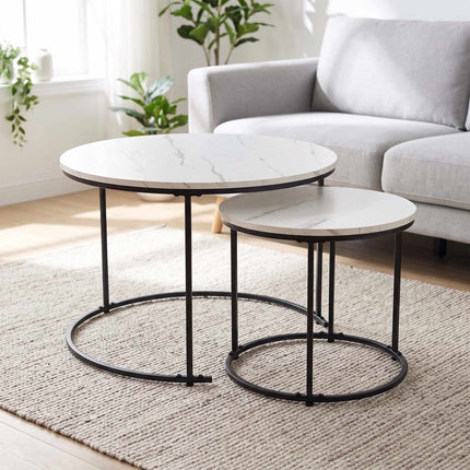 Set of 2 Marble-Effect Metal Side Tables – White/Black