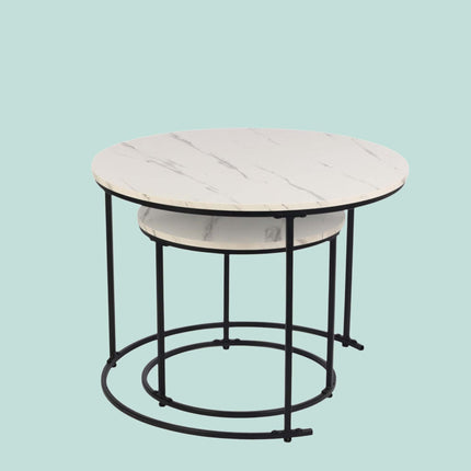 Set of 2 Marble-Effect Metal Side Tables – White/Black