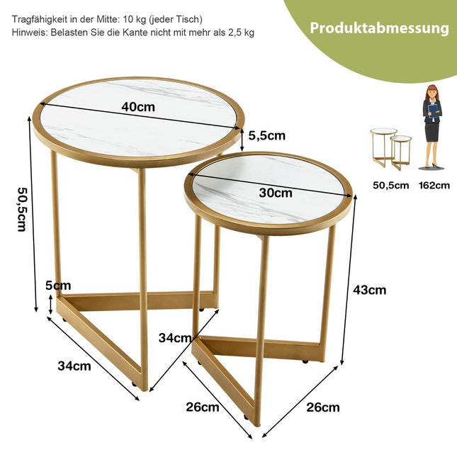 2er-Set Couchtische in Marmoroptik mit goldenen Metallbeinen, moderner Beistelltisch