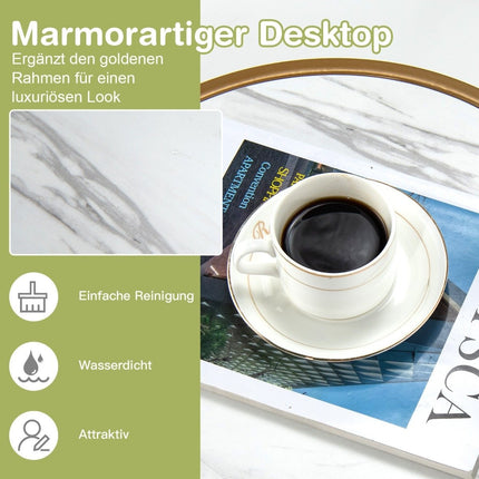 2er-Set Couchtische in Marmoroptik mit goldenen Metallbeinen, moderner Beistelltisch