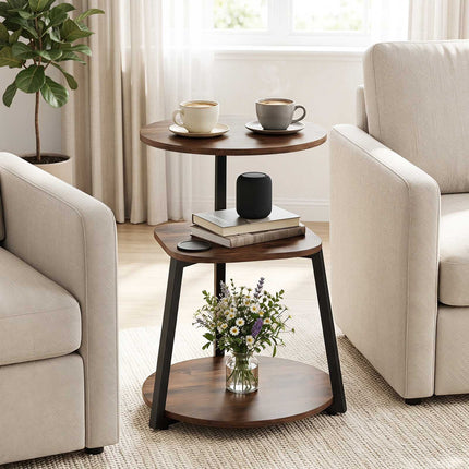 Set of 2 Round 3-Tier Side Tables, Brown Wood, Metal Frame