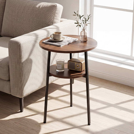 Set of 2 Round Walnut Coffee Tables with Steel Frame