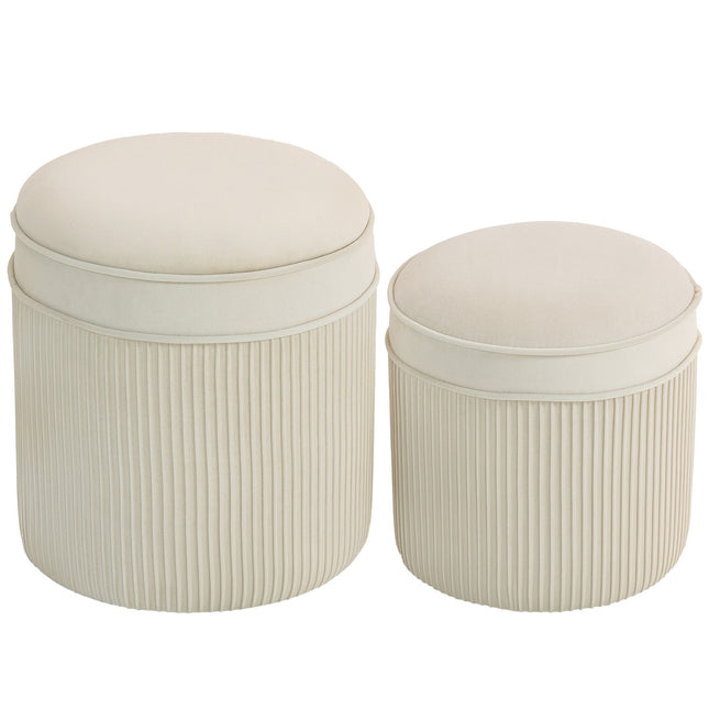 Set of 2 Storage Ottomans, Round Velvet, Cream, 36x36x41.5 cm