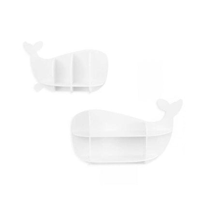 Set of 2 Whale Wall Shelves for Kids with Compartments, White, MDF