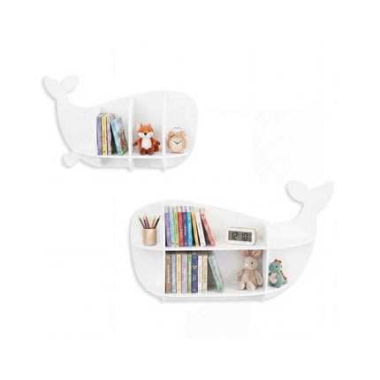 Set of 2 Whale Wall Shelves for Kids with Compartments, White, MDF