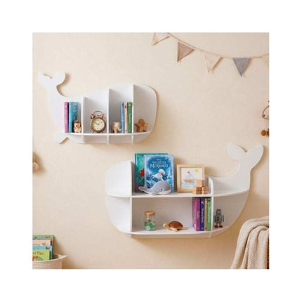 Set of 2 Whale Wall Shelves for Kids with Compartments, White, MDF