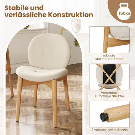 2er Set weiße gepolsterte Esszimmerstühle mit Beinen aus Kautschukholz
