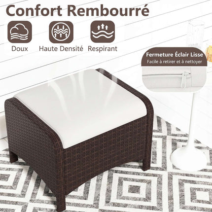 2 weiße Rattan-Pouf-Hocker mit Kissen im Set