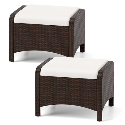 2 weiße Rattan-Pouf-Hocker mit Kissen im Set