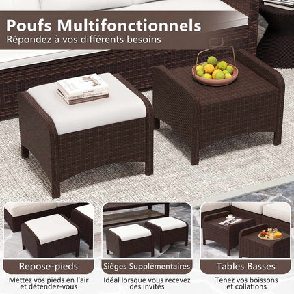 2 weiße Rattan-Pouf-Hocker mit Kissen im Set