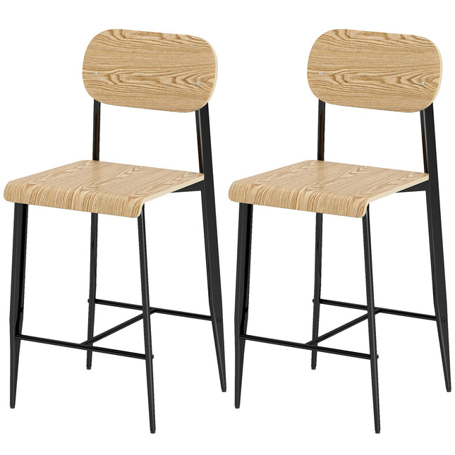 2er-Set Barhocker, Barstühle mit Rückenlehne und Metallgestell, Holz, hellbraun