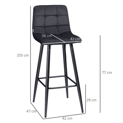 Barhocker-Set aus schwarzem Samt mit Fußstütze, Stahlbeine – 42x47x105cm