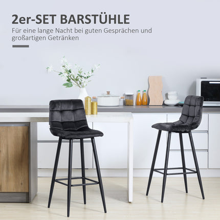 Barhocker-Set aus schwarzem Samt mit Fußstütze, Stahlbeine – 42x47x105cm