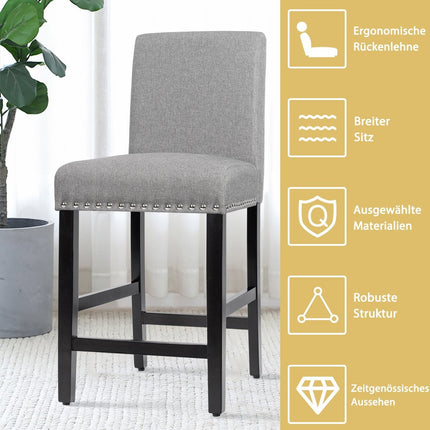 2er Set Barhocker mit Beinen aus Gummibaumholz und atmungsaktivem Leinenstoff Barstühle grau