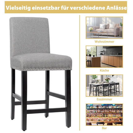 2er Set Barhocker mit Beinen aus Gummibaumholz und atmungsaktivem Leinenstoff Barstühle grau