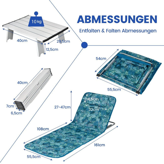 2er Set Strandmatten mit Beistelltisch, Kissen &amp; Ablagefach, Liegematte mit verstellbarer Rückenlehne, türkisblau