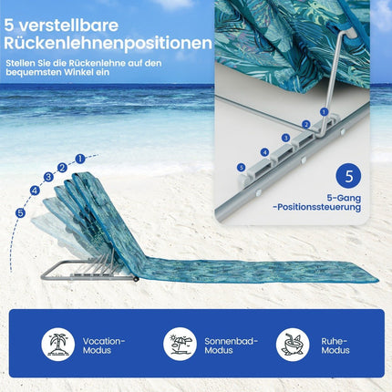 2er Set Strandmatten mit Beistelltisch, Kissen &amp; Ablagefach, Liegematte mit verstellbarer Rückenlehne, türkisblau