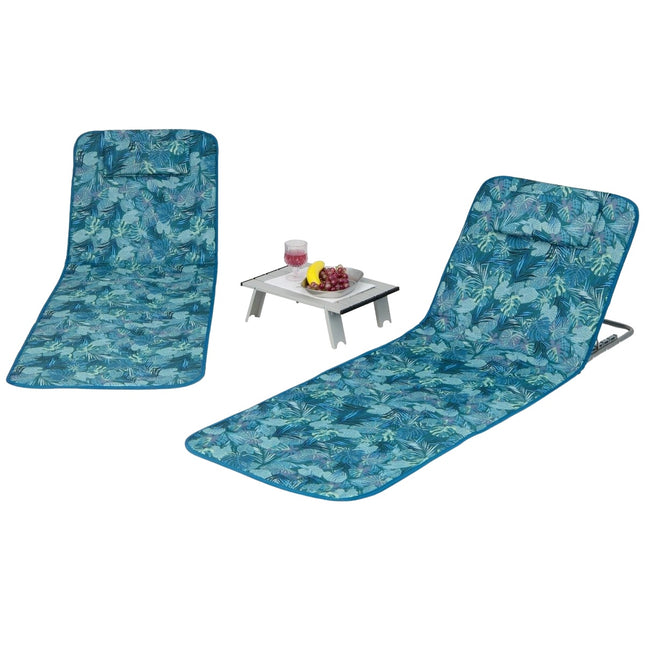 2er Set Strandmatten mit Beistelltisch, Kissen &amp; Ablagefach, Liegematte mit verstellbarer Rückenlehne, türkisblau
