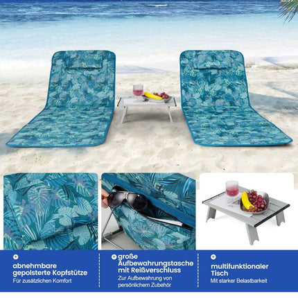 2er Set Strandmatten mit Beistelltisch, Kissen &amp; Ablagefach, Liegematte mit verstellbarer Rückenlehne, türkisblau