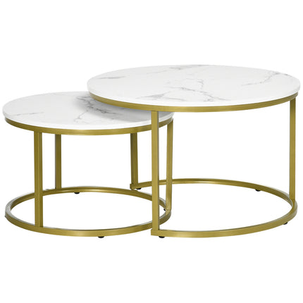 Runder Couchtisch in Marmoroptik, 2er-Set, Stahl in Gold
