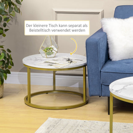 Runder Couchtisch in Marmoroptik, 2er-Set, Stahl in Gold