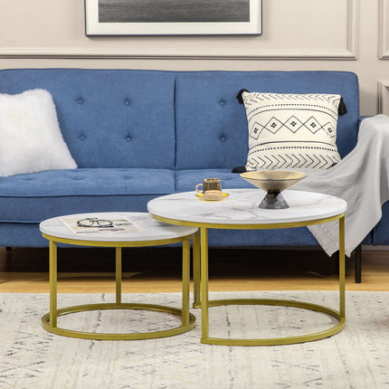 Runder Couchtisch in Marmoroptik, 2er-Set, Stahl in Gold